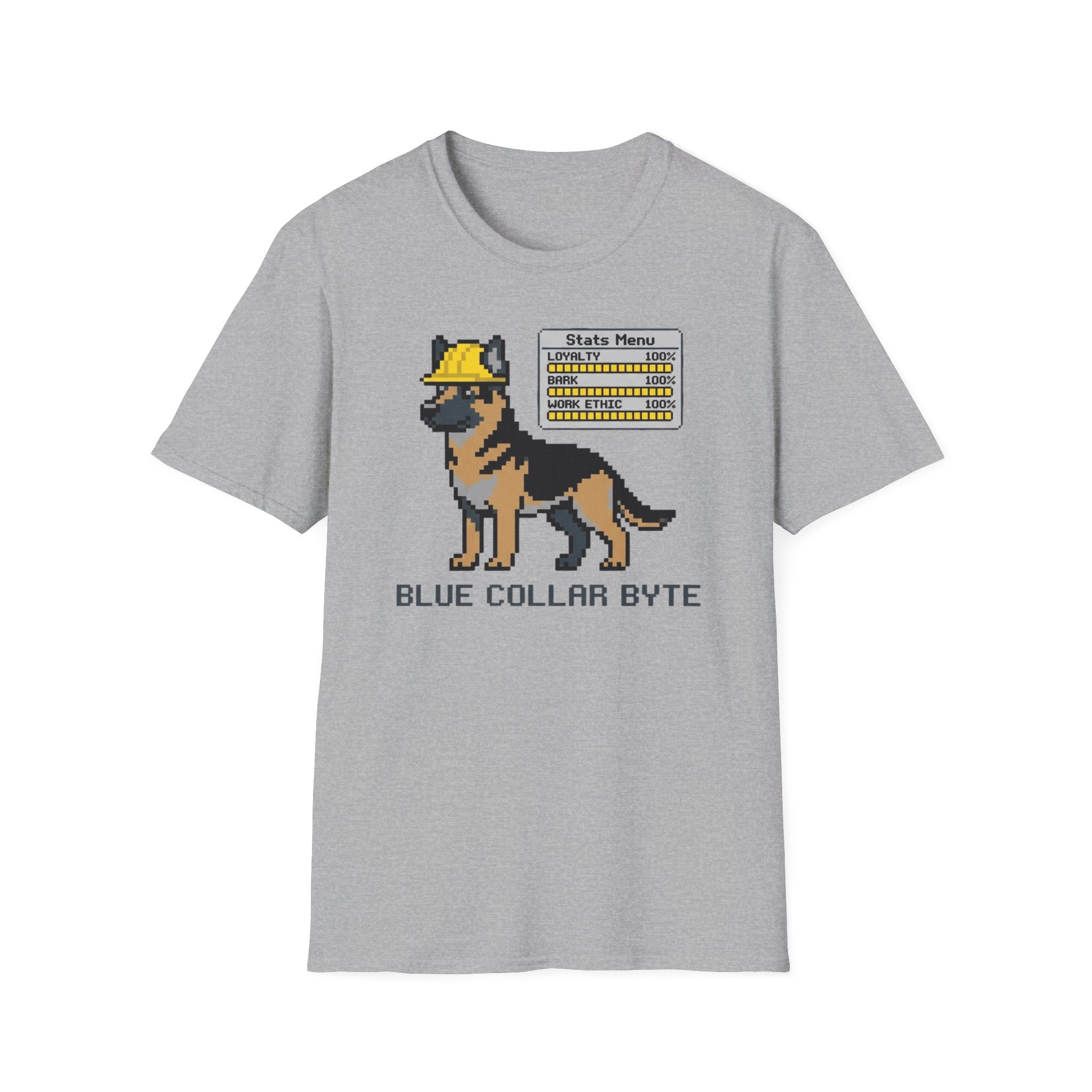Blue Collar Byte T-Shirt — Pixel German Shepherd Tech Worker Tee
