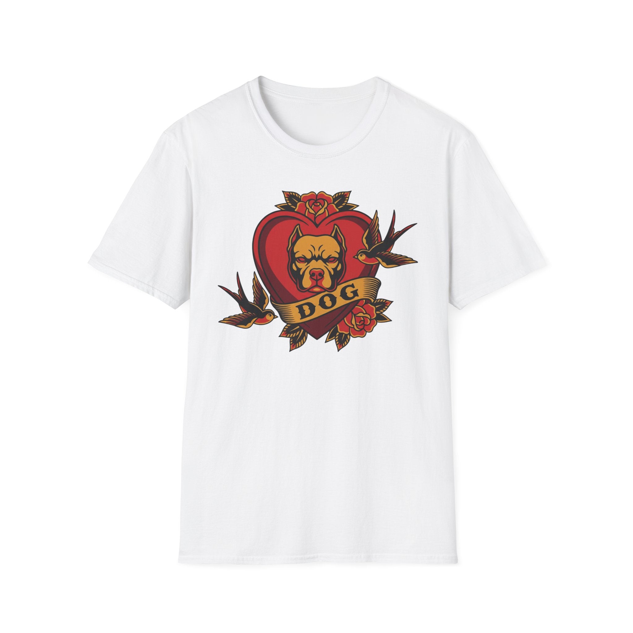 Dog Heart Tattoo Tee — Vintage Swallow & Rose Graphic T-Shirt