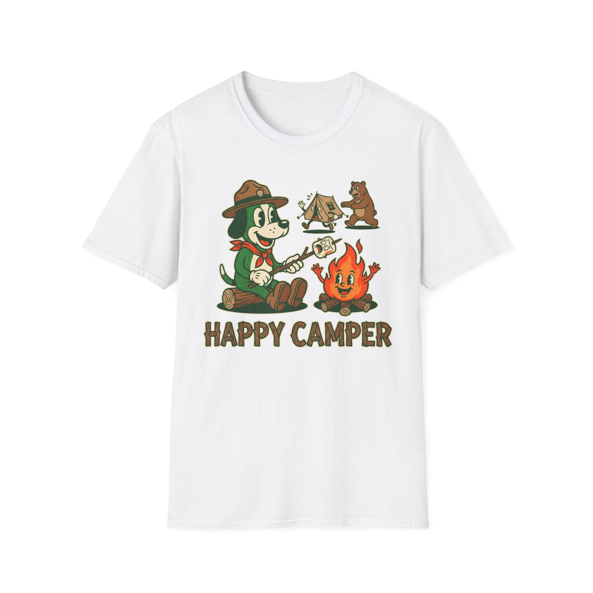 Happy Camper T-Shirt — Retro Cartoon Camping Tee with 'Happy Camper' Design