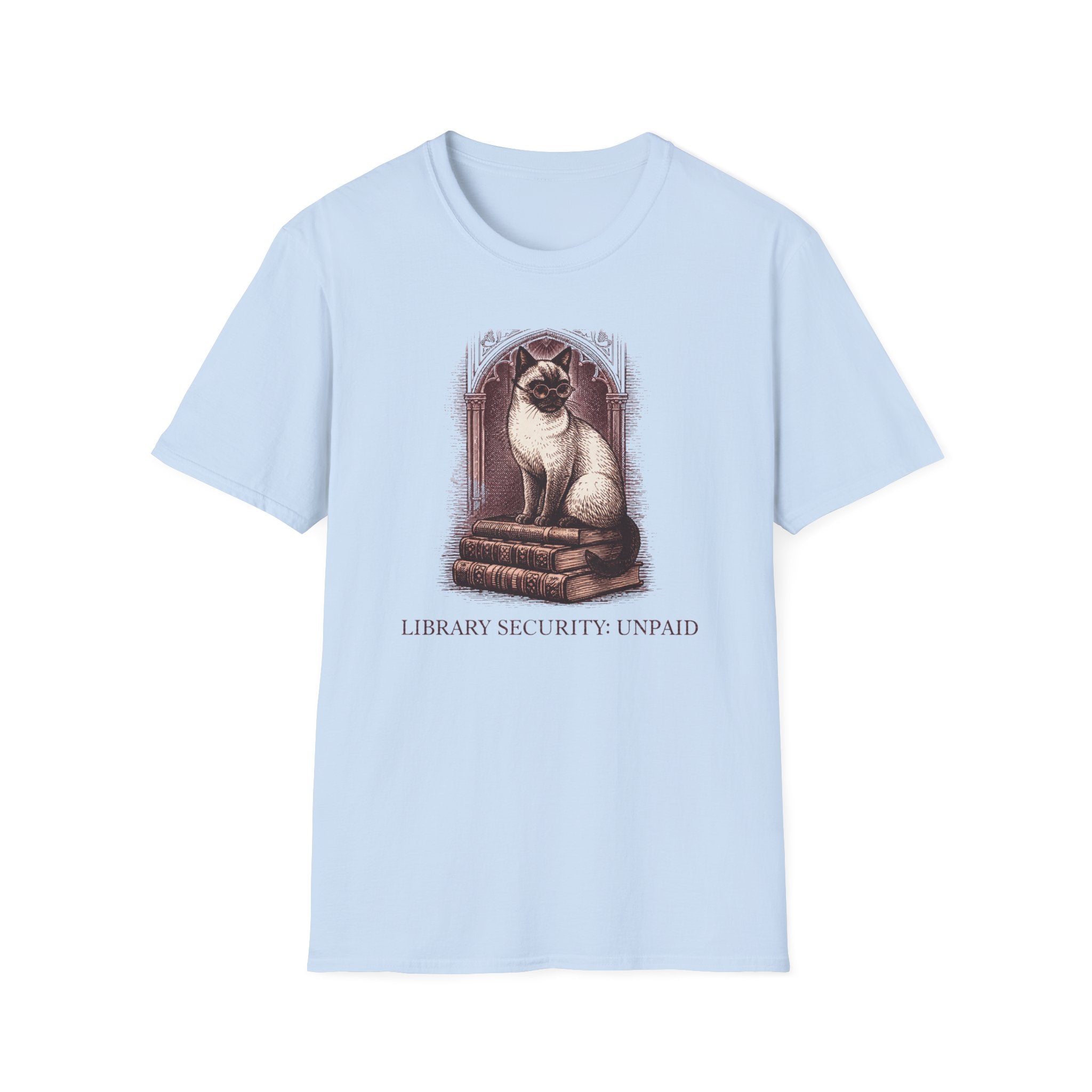 Cat on Books T-Shirt — "Library Security Unpaid" Vintage Booklover Tee