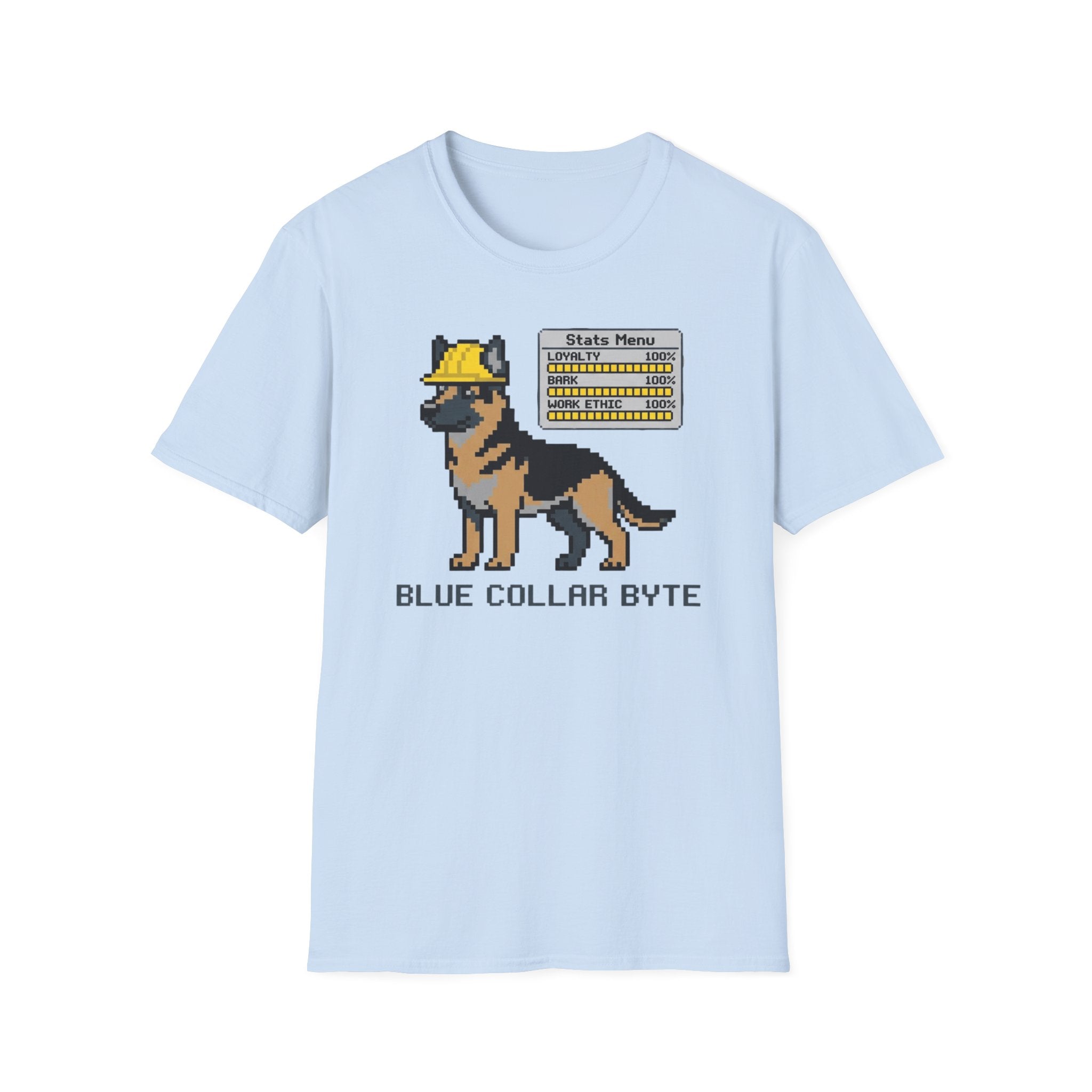 Blue Collar Byte T-Shirt — Pixel German Shepherd Tech Worker Tee