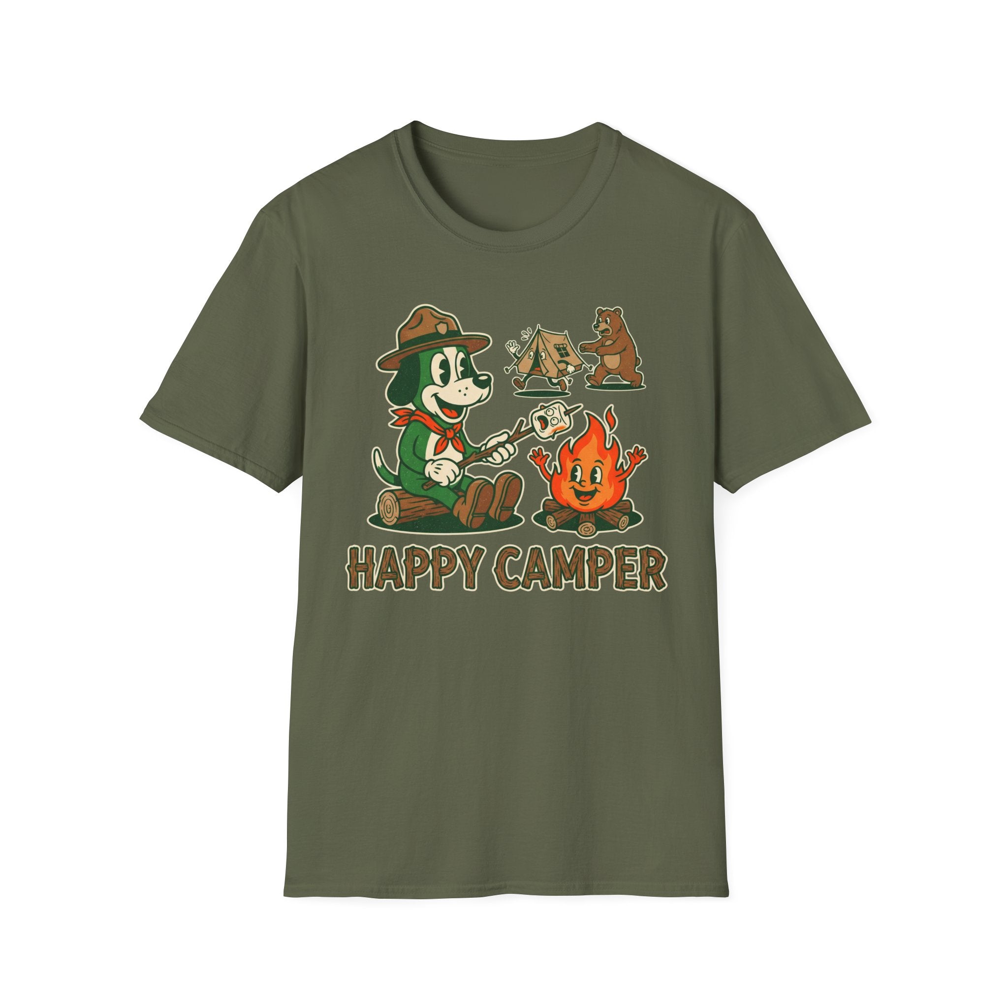 Happy Camper T-Shirt — Retro Cartoon Camping Tee with 'Happy Camper' Design