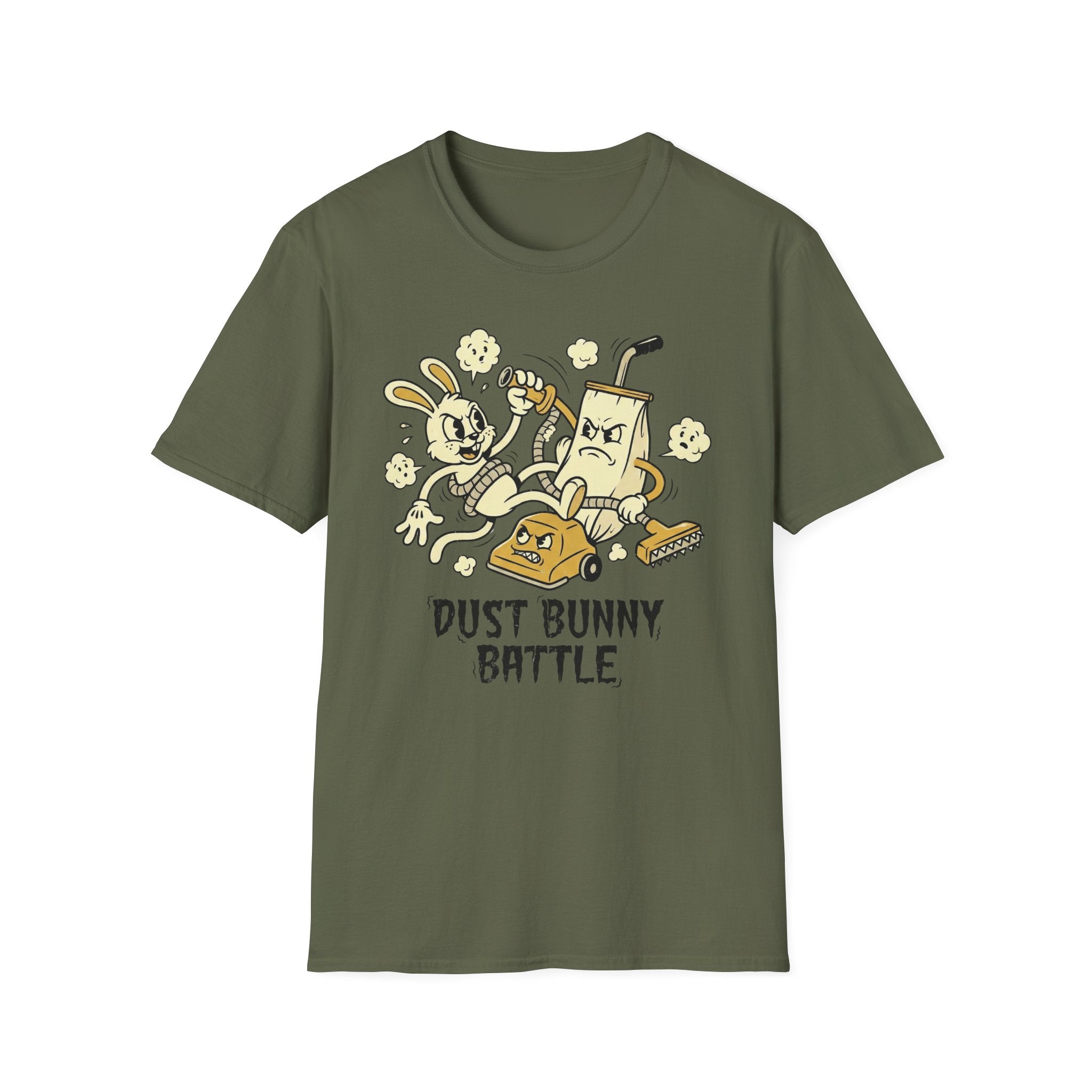 Dust Bunny Battle T-Shirt — Cute Vintage Vacuum & Bunny Cartoon Tee