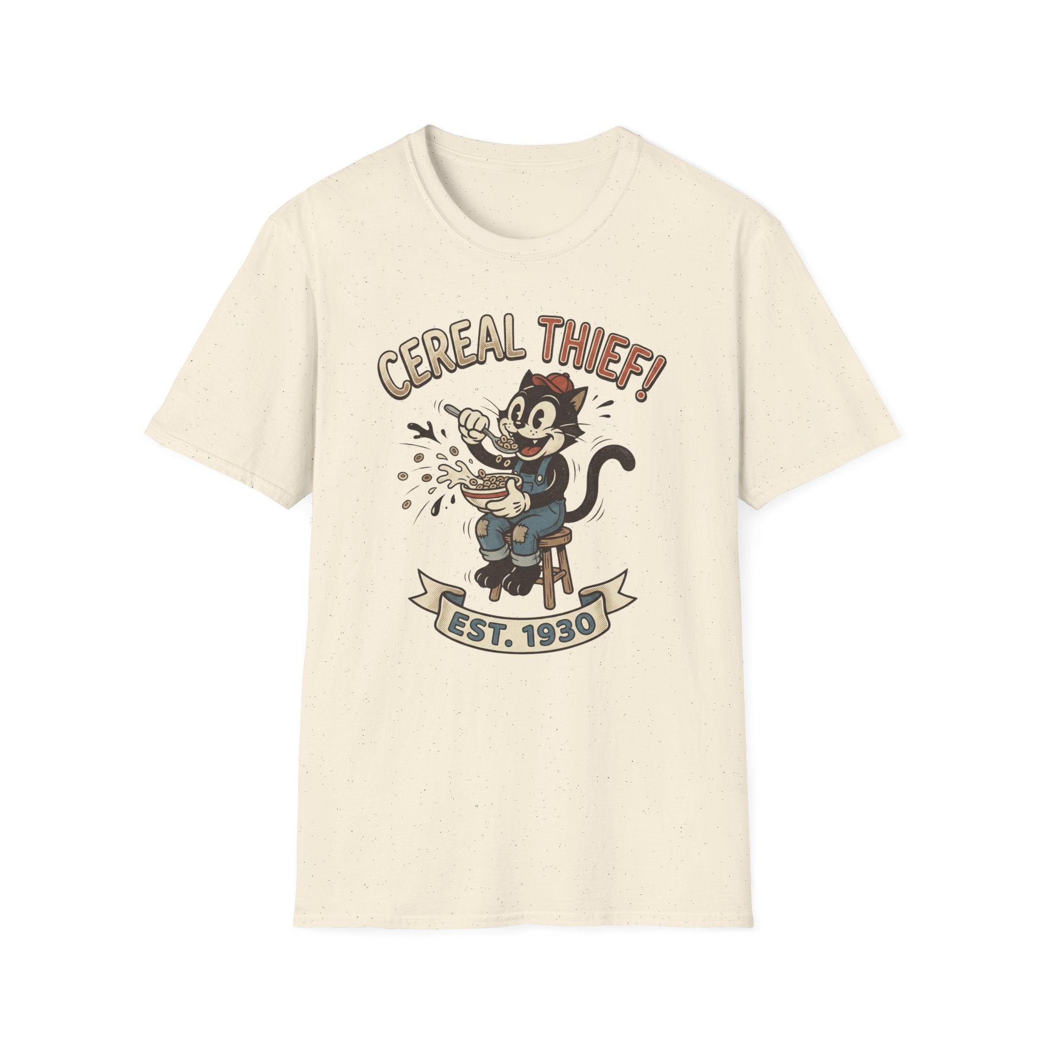 Cereal Thief Retro Cat T-Shirt — Vintage Cartoon Breakfast Graphic Tee