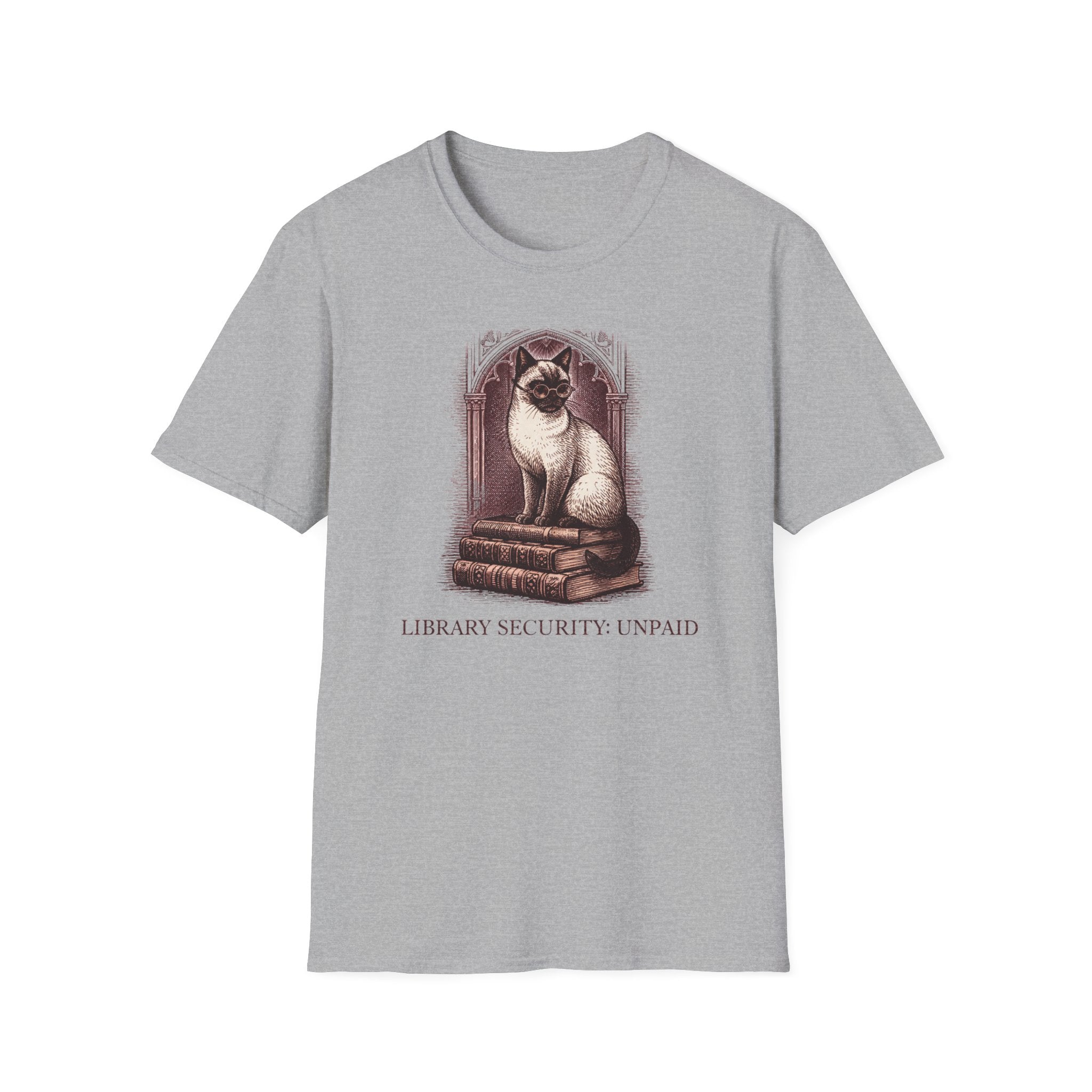 Cat on Books T-Shirt — "Library Security Unpaid" Vintage Booklover Tee
