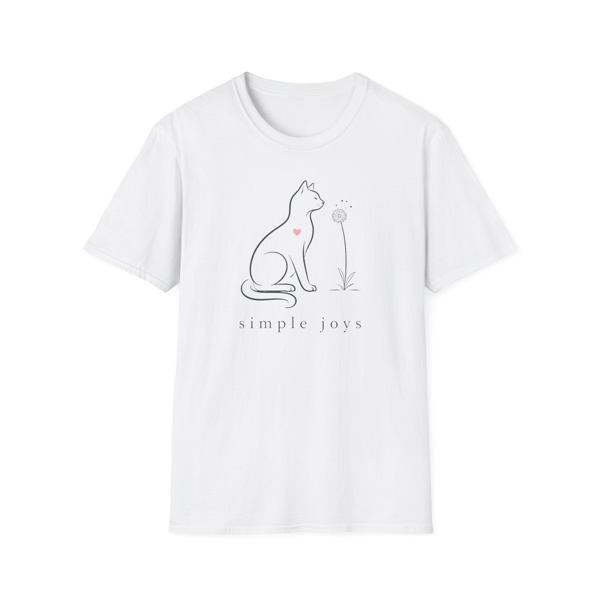 Cat Illustration T‑Shirt — "simple joys" Minimalist Floral Design
