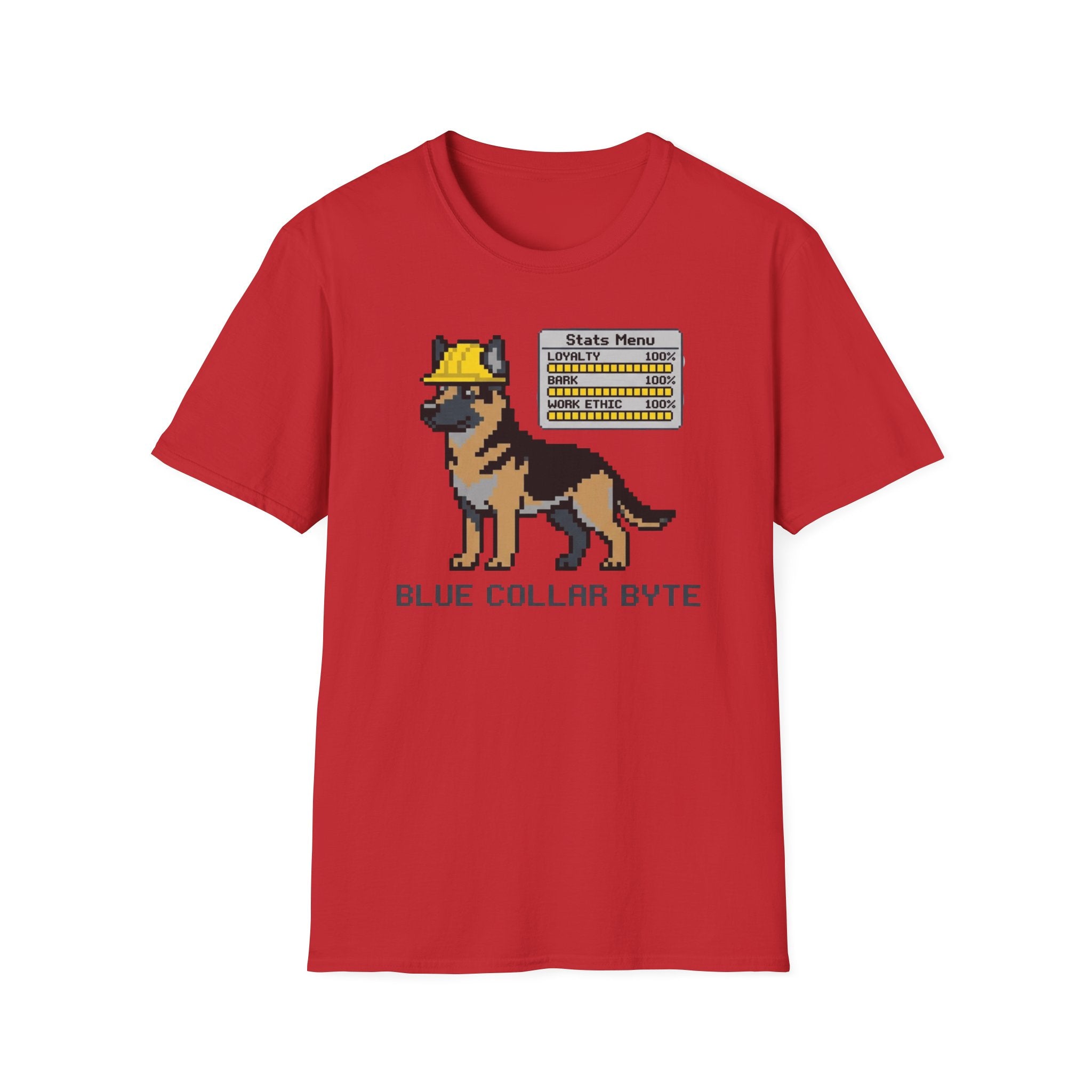 Blue Collar Byte T-Shirt — Pixel German Shepherd Tech Worker Tee