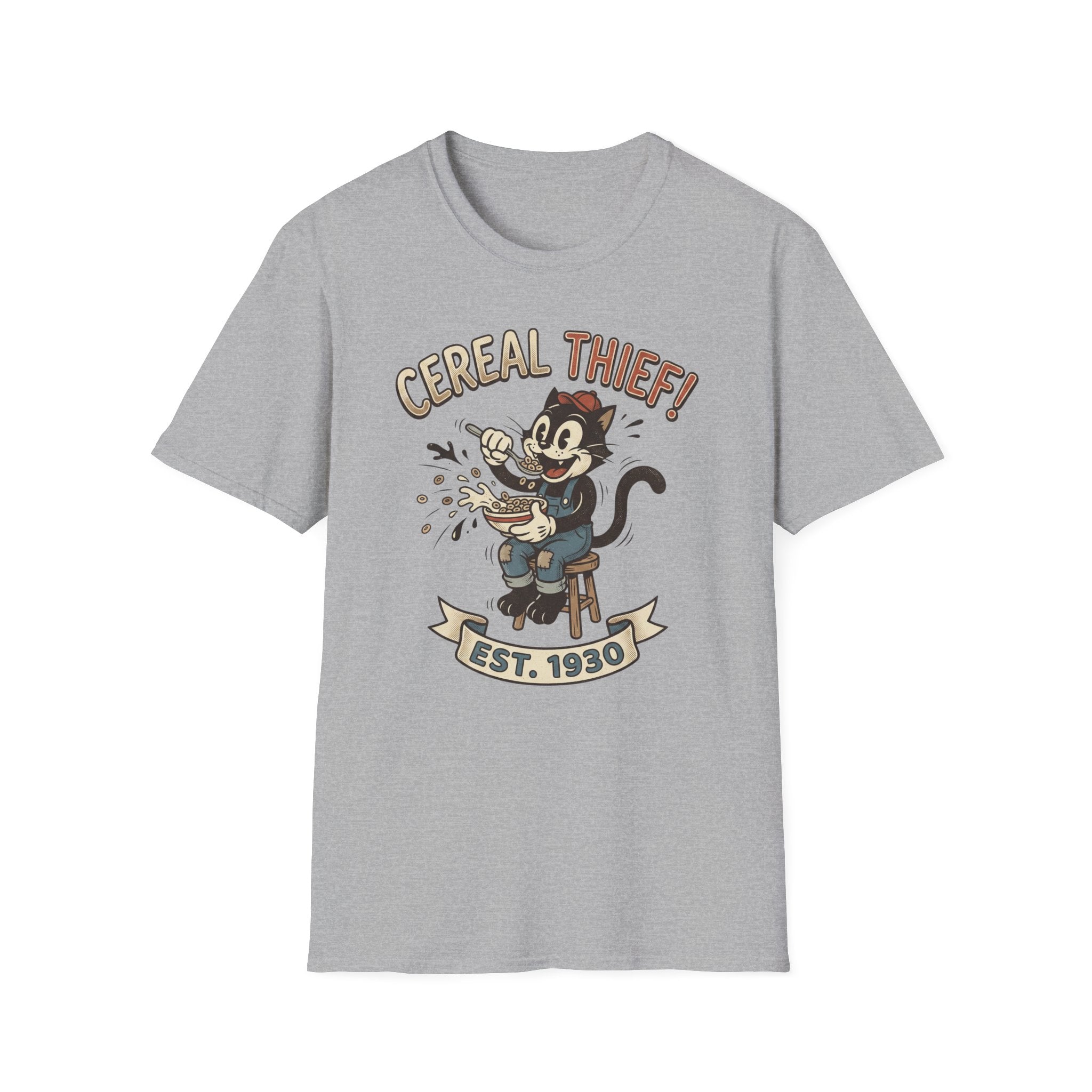 Cereal Thief Retro Cat T-Shirt — Vintage Cartoon Breakfast Graphic Tee