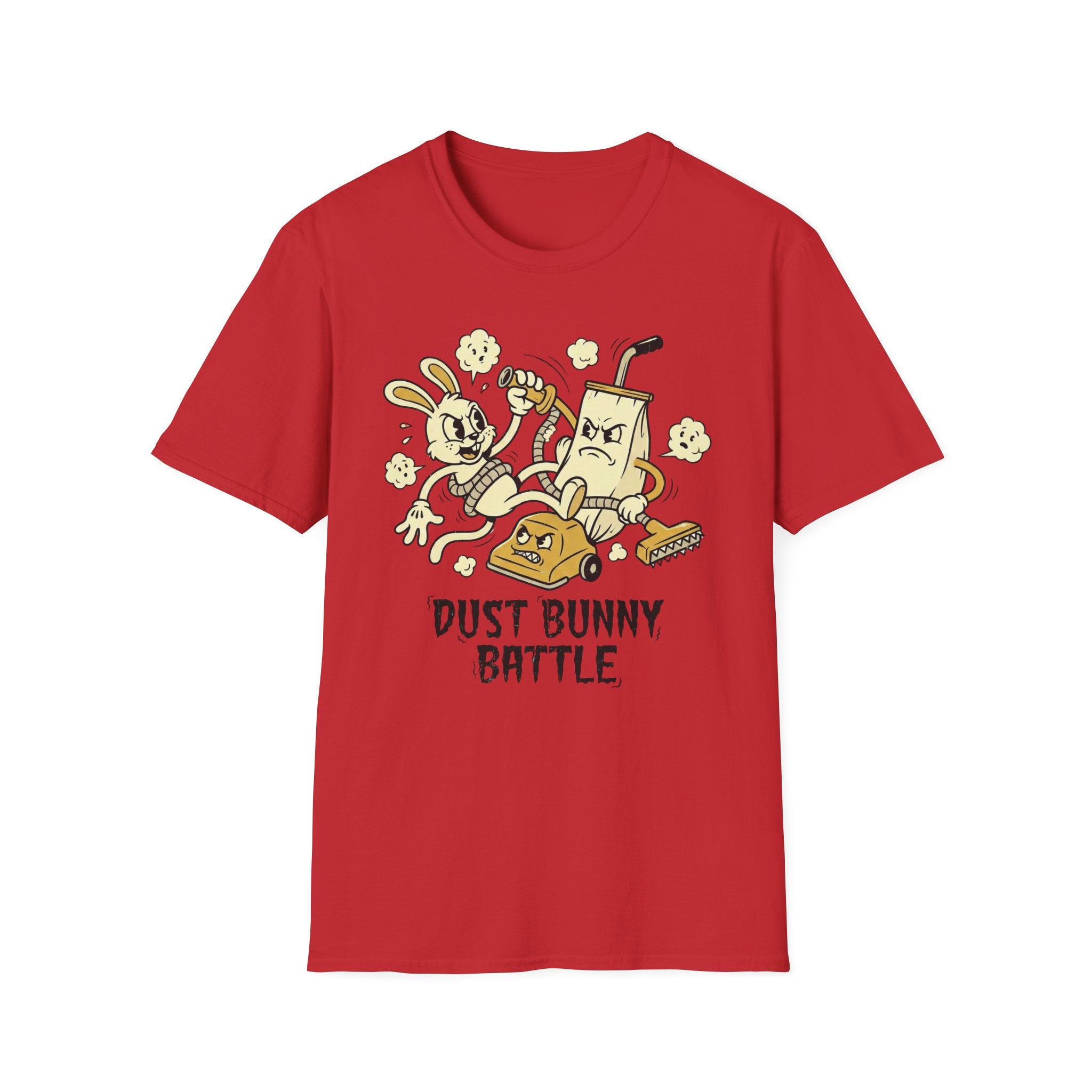 Dust Bunny Battle T-Shirt — Cute Vintage Vacuum & Bunny Cartoon Tee