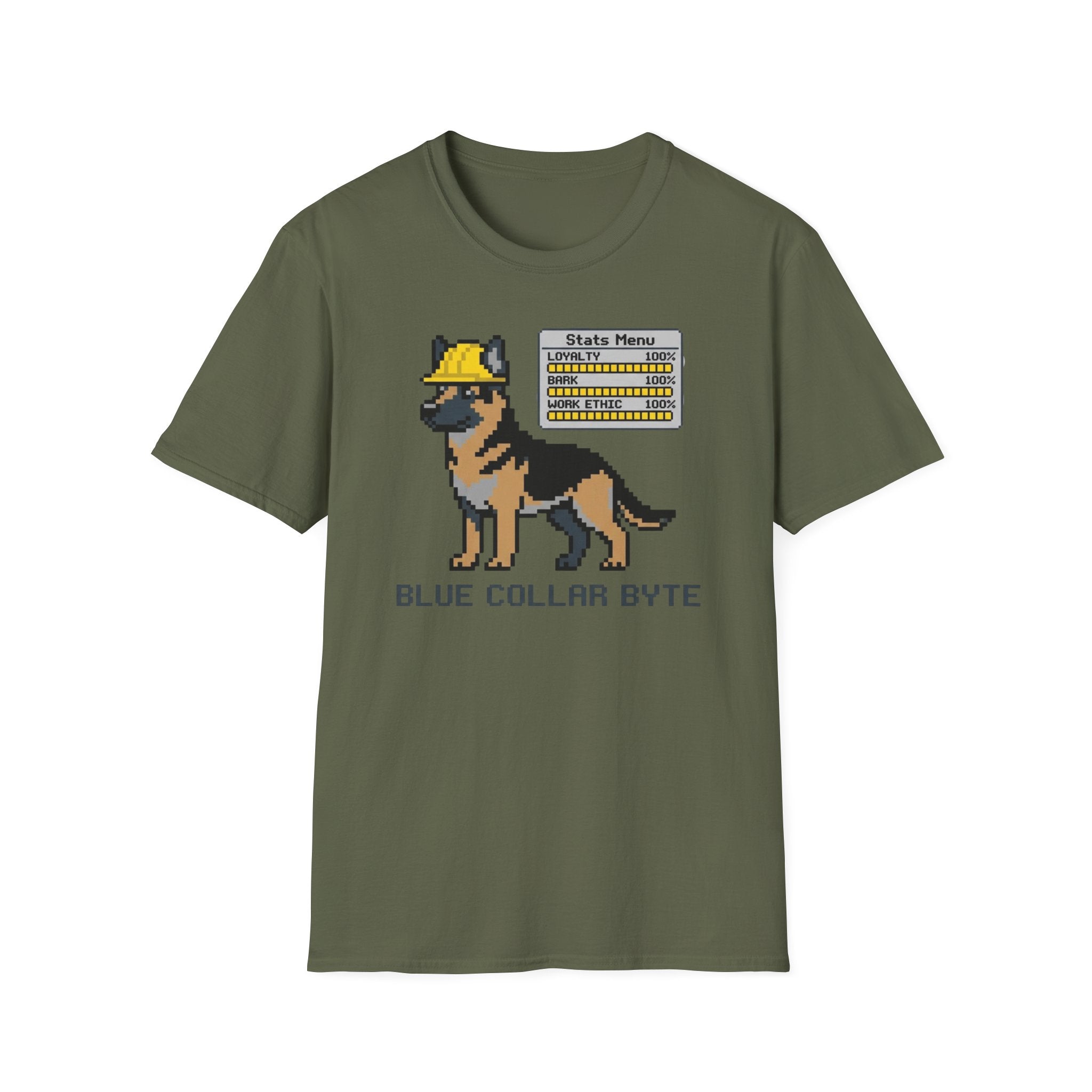 Blue Collar Byte T-Shirt — Pixel German Shepherd Tech Worker Tee