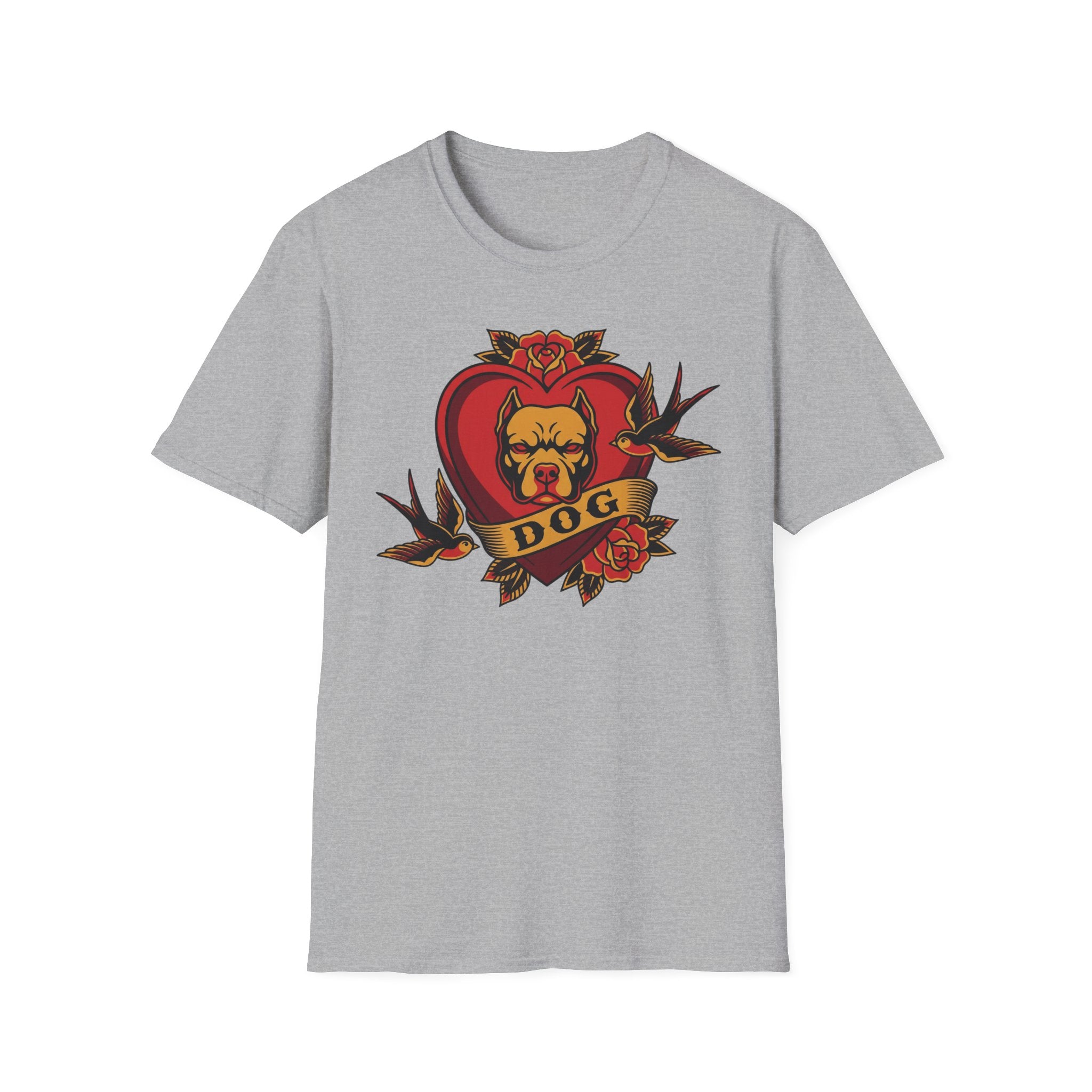 Dog Heart Tattoo Tee — Vintage Swallow & Rose Graphic T-Shirt