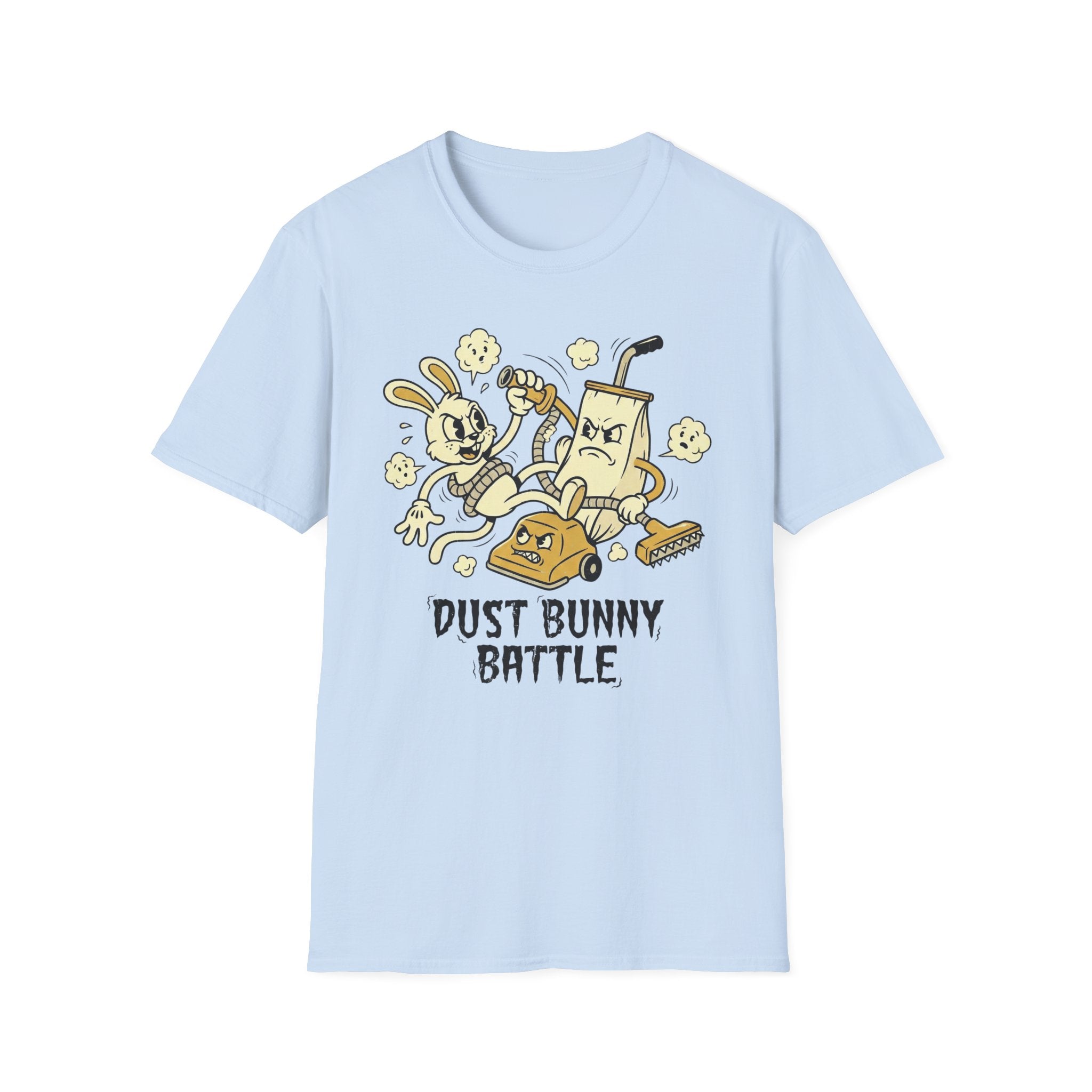 Dust Bunny Battle T-Shirt — Cute Vintage Vacuum & Bunny Cartoon Tee