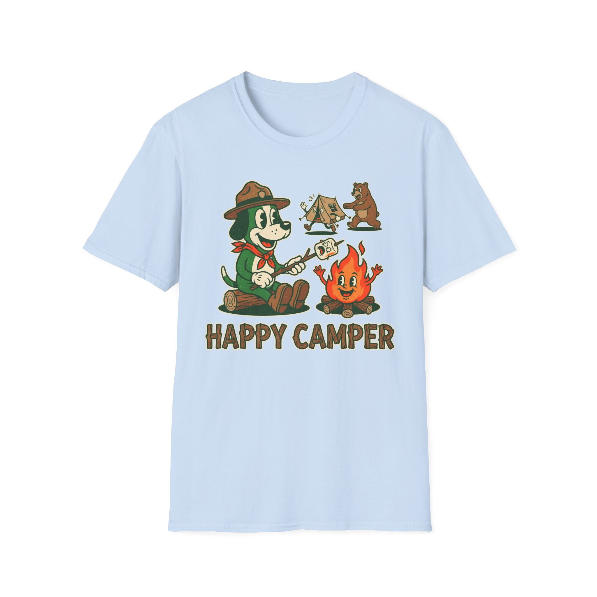 Happy Camper T-Shirt — Retro Cartoon Camping Tee with 'Happy Camper' Design