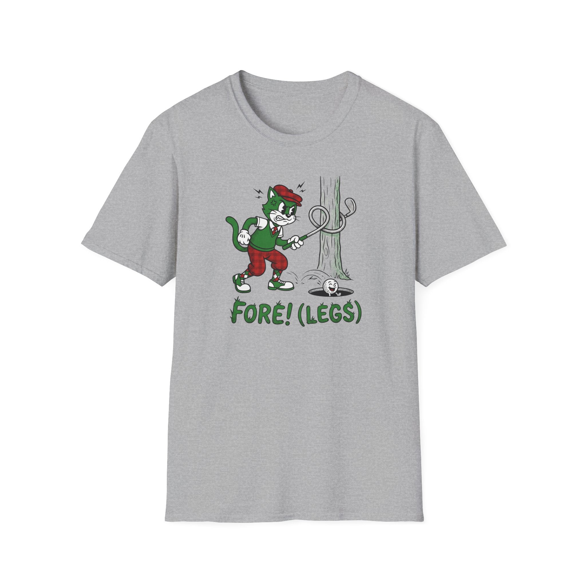 Golf Cat Cartoon T‑Shirt – Funny “Fore! (Legs)” Novelty Golfing Tee