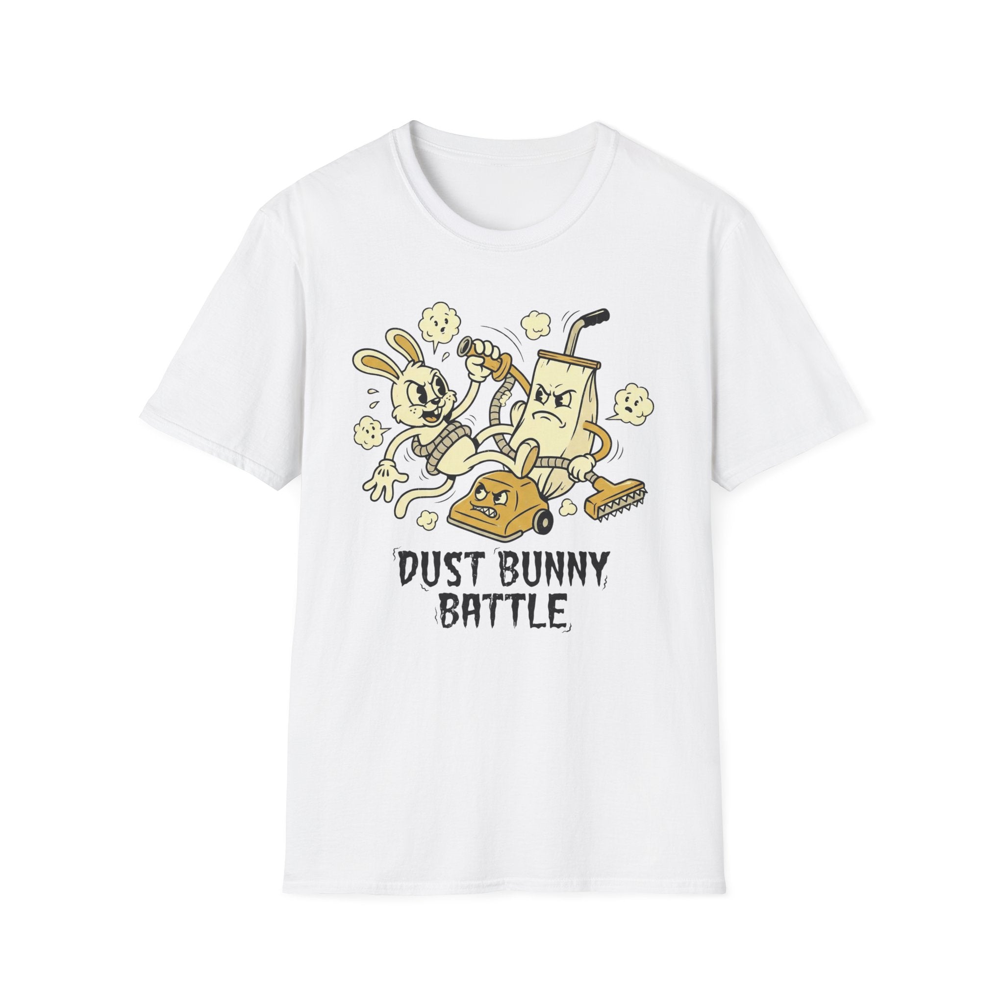 Dust Bunny Battle T-Shirt — Cute Vintage Vacuum & Bunny Cartoon Tee