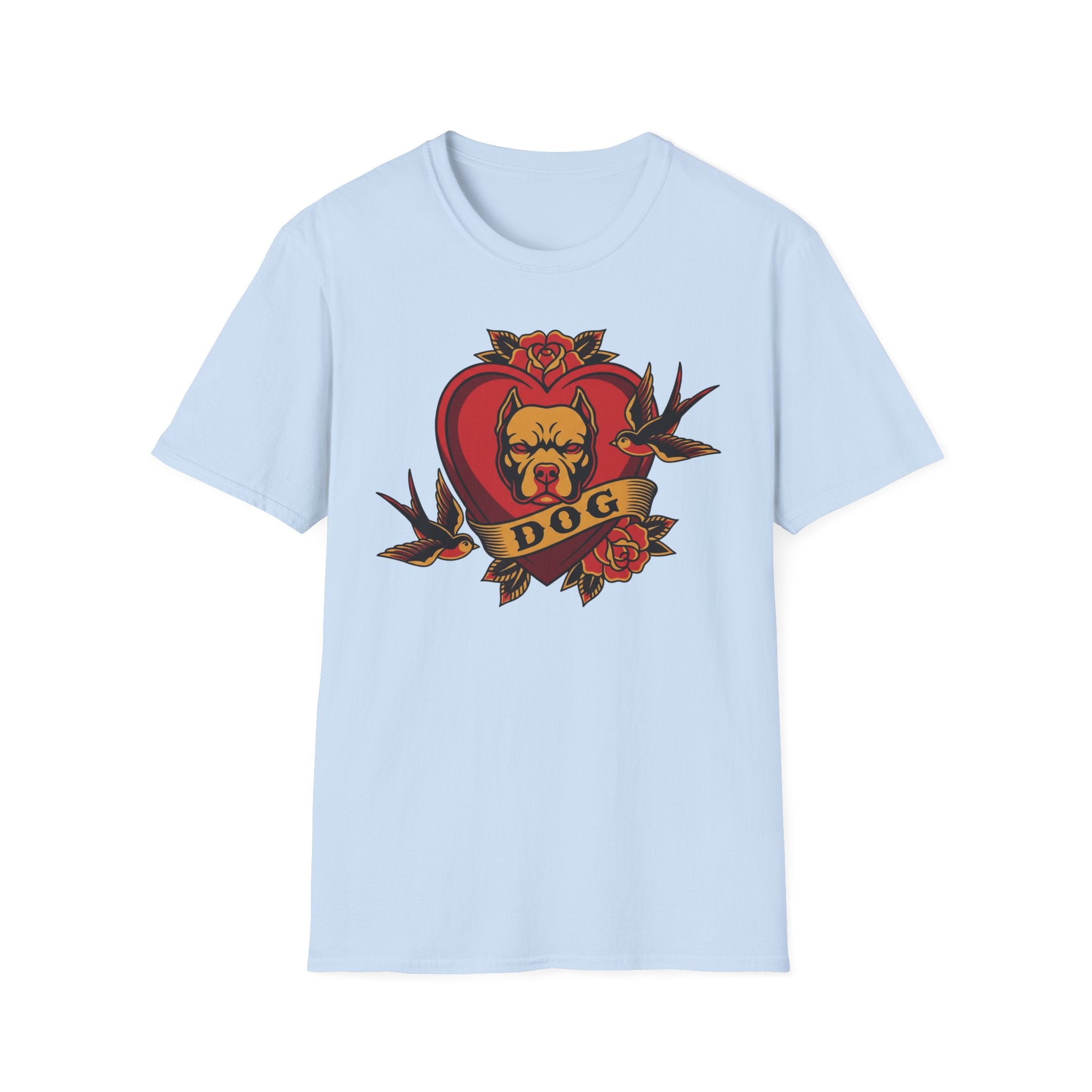 Dog Heart Tattoo Tee — Vintage Swallow & Rose Graphic T-Shirt