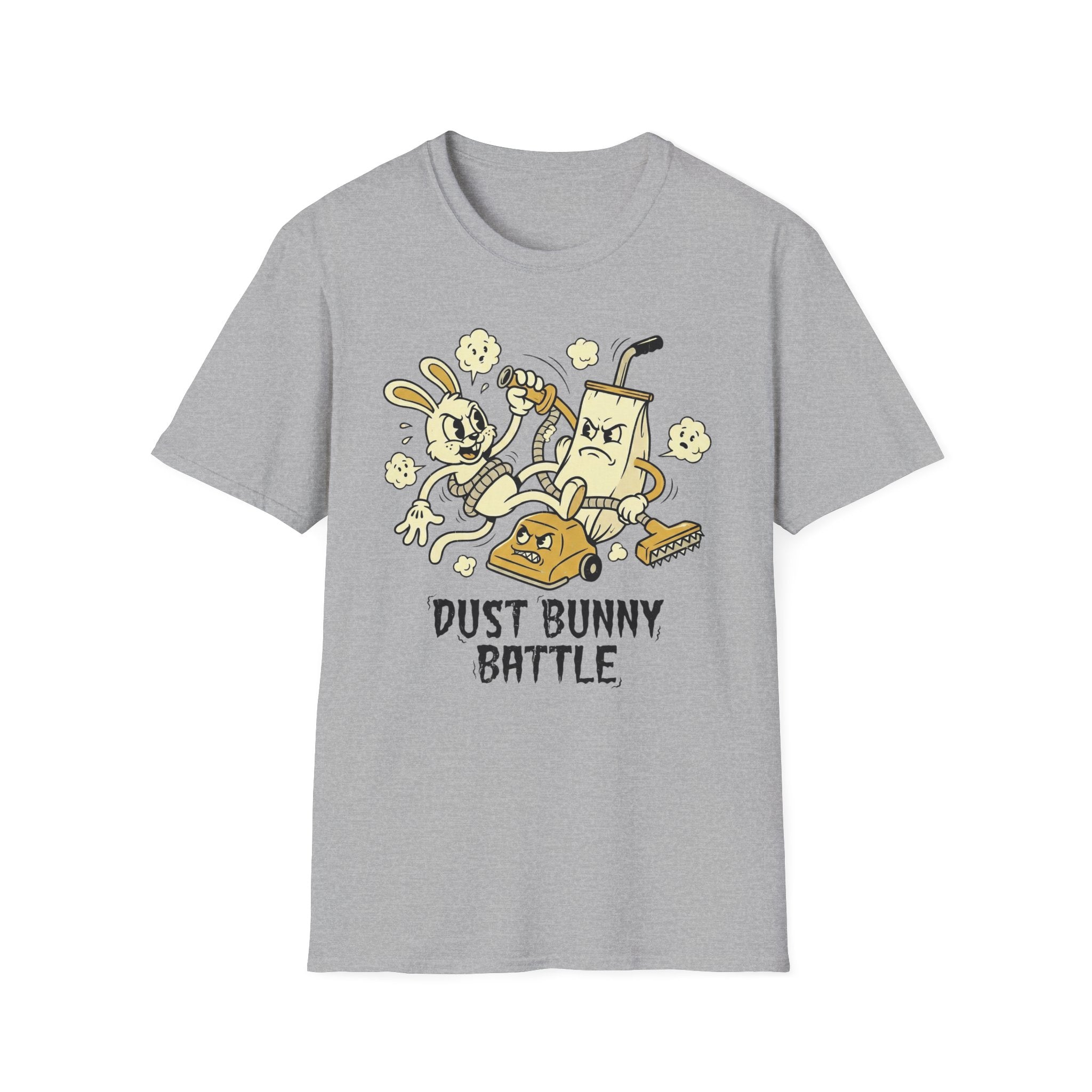 Dust Bunny Battle T-Shirt — Cute Vintage Vacuum & Bunny Cartoon Tee