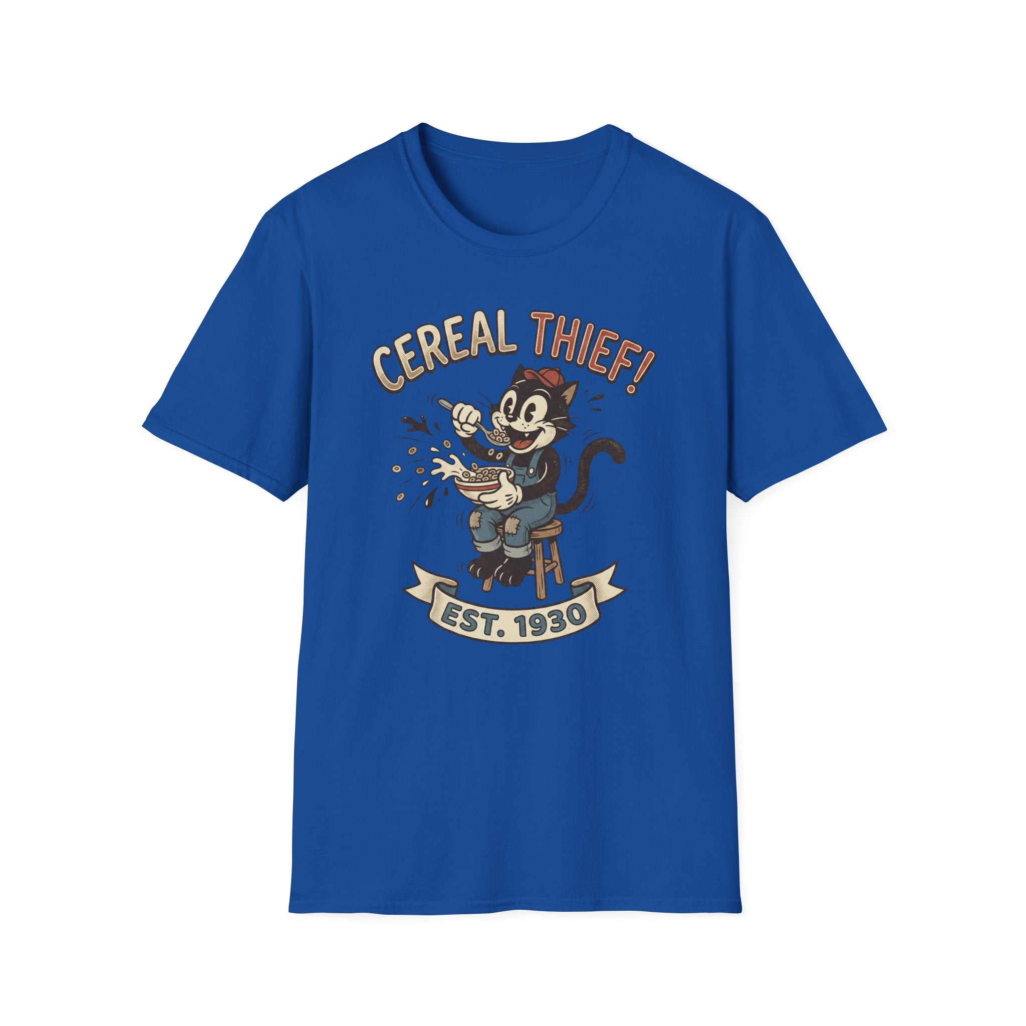 Cereal Thief Retro Cat T-Shirt — Vintage Cartoon Breakfast Graphic Tee