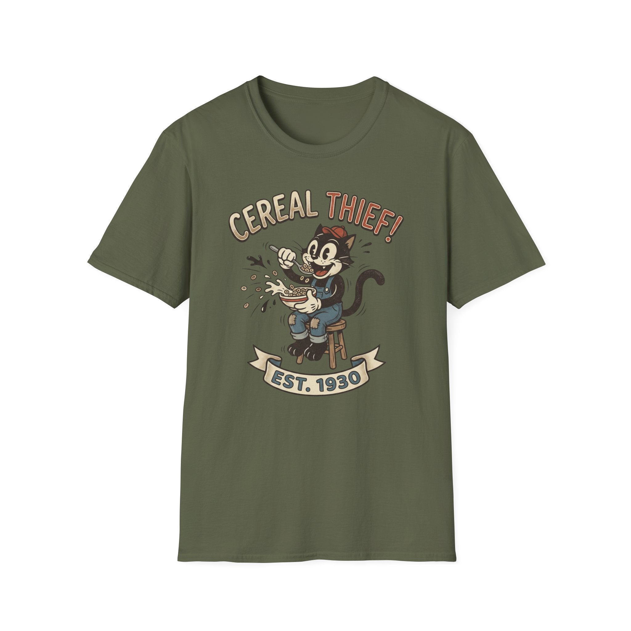 Cereal Thief Retro Cat T-Shirt — Vintage Cartoon Breakfast Graphic Tee