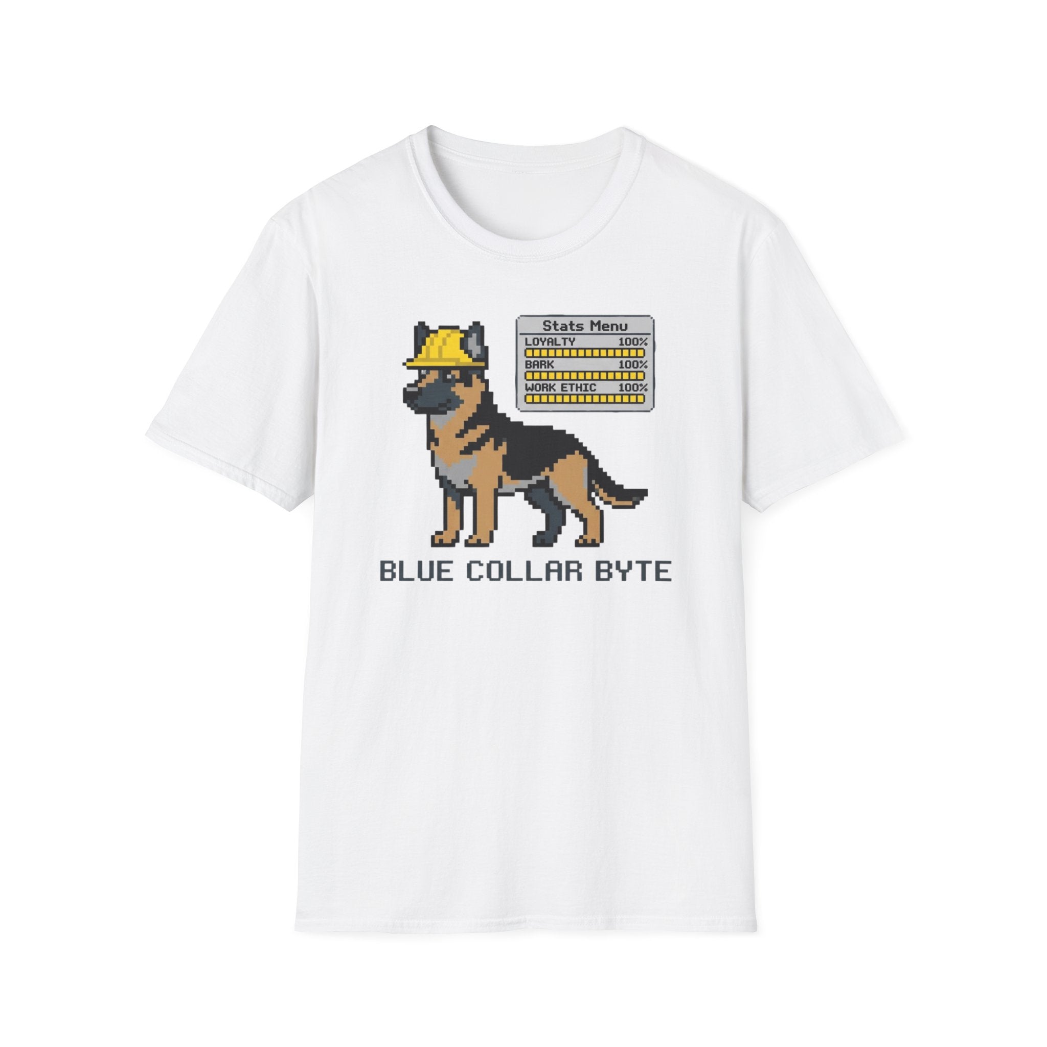 Blue Collar Byte T-Shirt — Pixel German Shepherd Tech Worker Tee