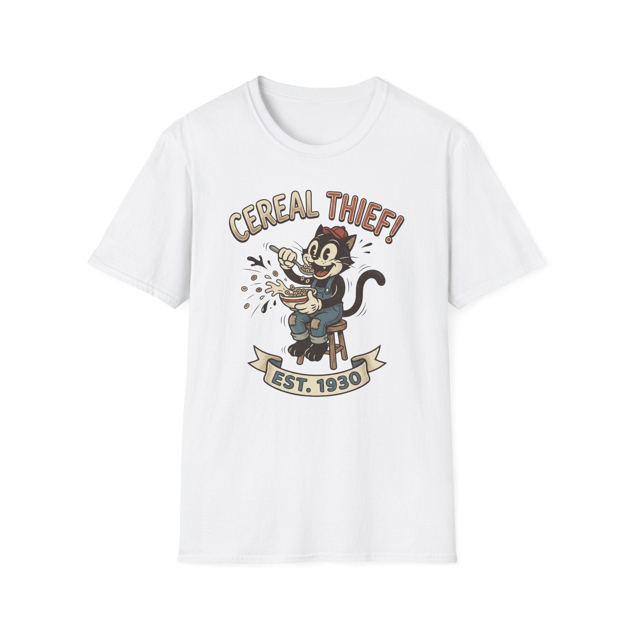 Cereal Thief Retro Cat T-Shirt — Vintage Cartoon Breakfast Graphic Tee