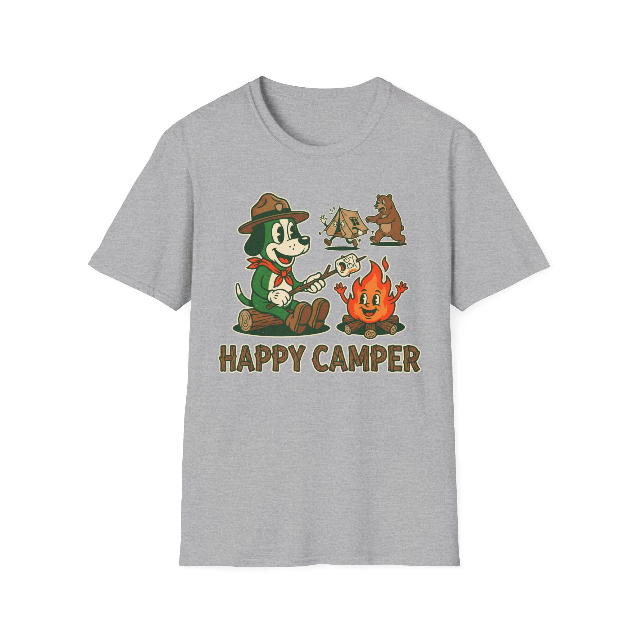 Happy Camper T-Shirt — Retro Cartoon Camping Tee with 'Happy Camper' Design
