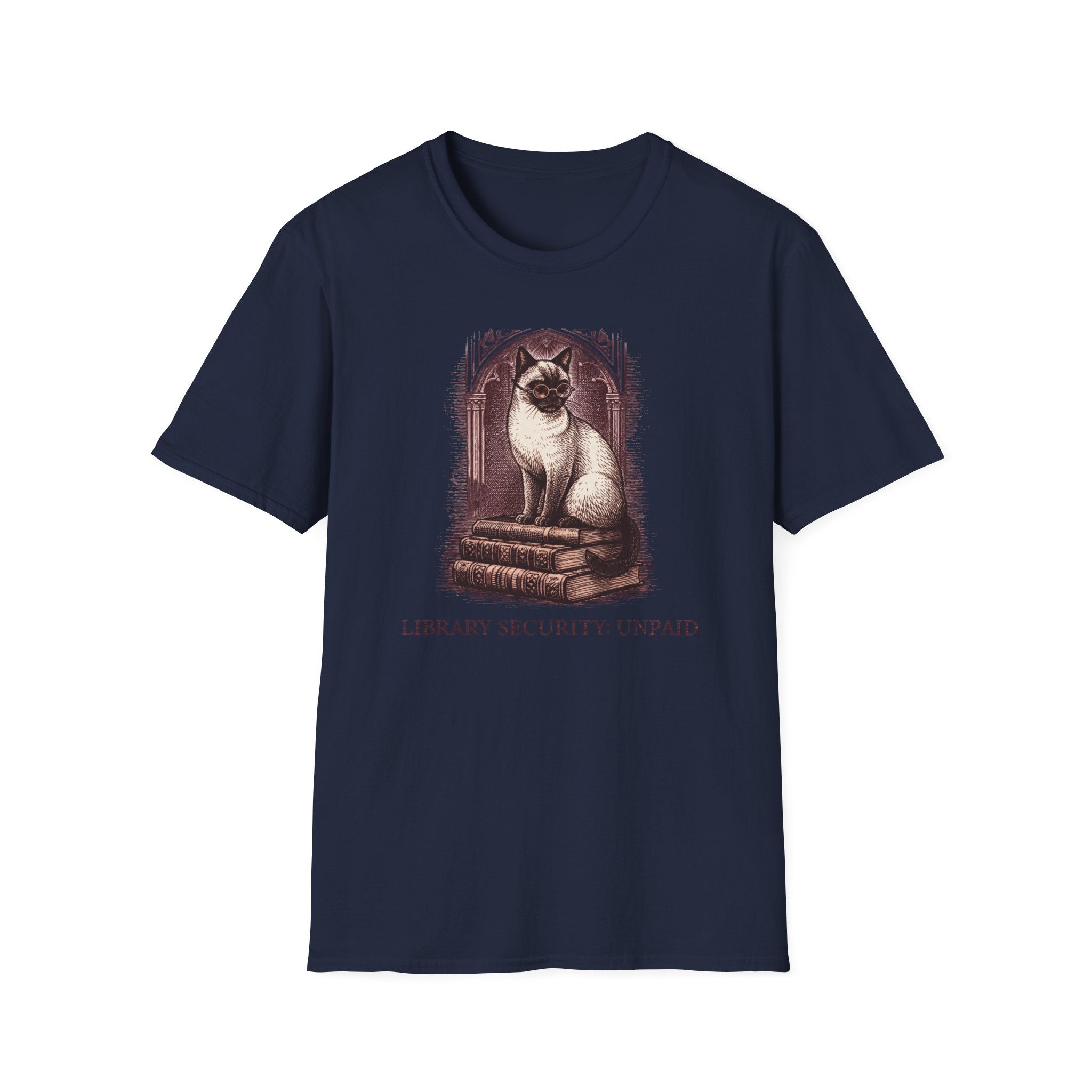 Cat on Books T-Shirt — "Library Security Unpaid" Vintage Booklover Tee