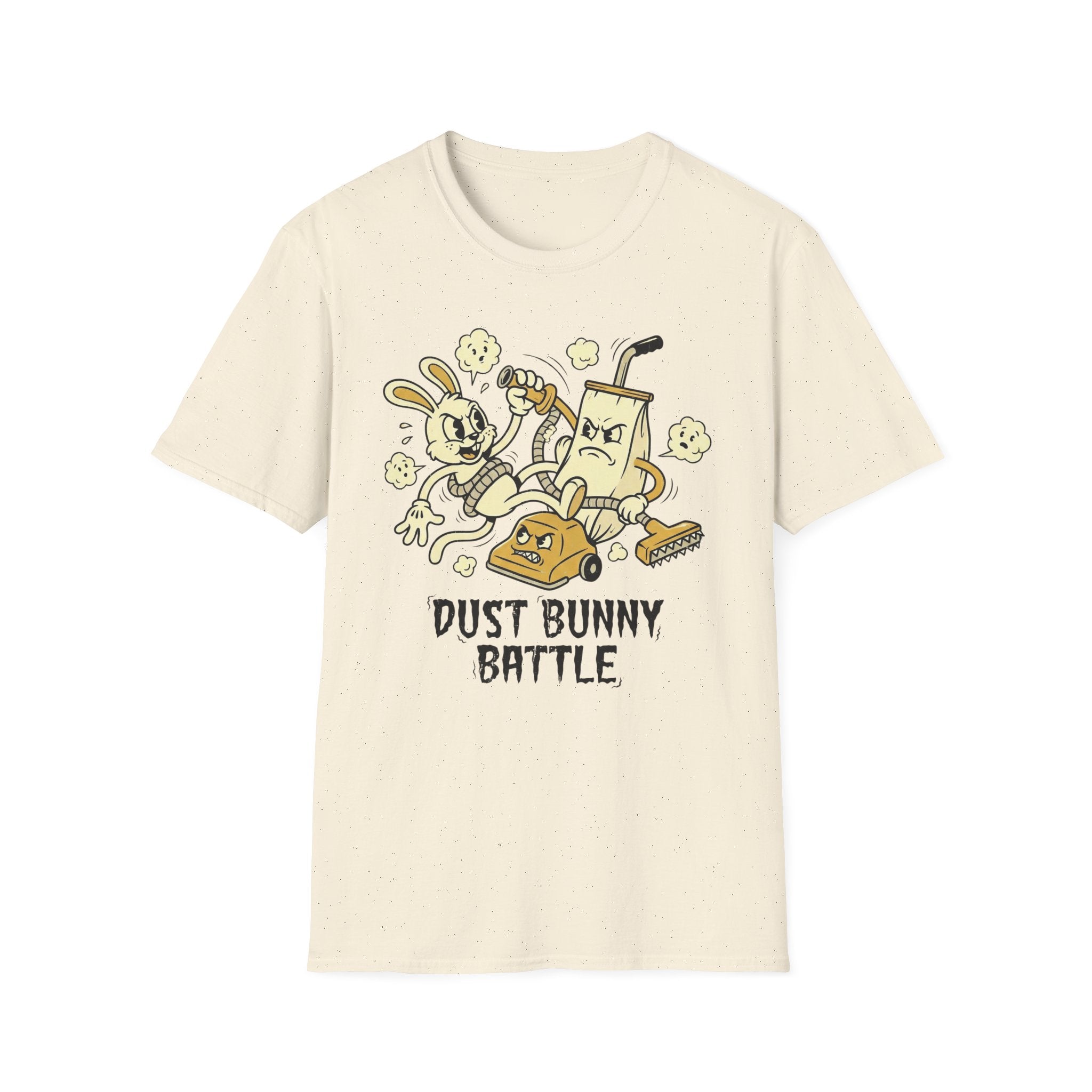 Dust Bunny Battle T-Shirt — Cute Vintage Vacuum & Bunny Cartoon Tee
